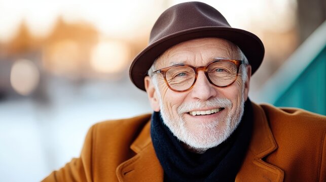An elderly man wearing glasses, a stylish hat, and a warm coat smiles brightly as the golden hour light casts a warm glow, showcasing wisdom, warmth, and joy in life's later years.