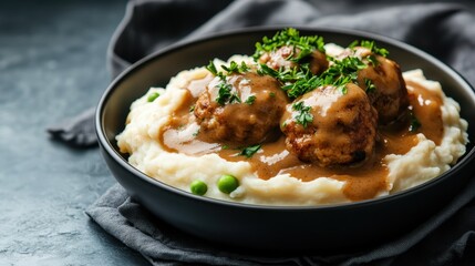 A comforting dish featuring tender meatballs smothered in rich gravy, served on a bed of creamy mashed potatoes, garnished with fresh parsley and peas for a delightful presentation.