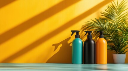 Three sleek bottles arranged on a vibrant yellow background, complemented by a lush green plant, creating a striking and modern aesthetic for product displays.
