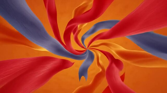 Multicolored ribbons flare out against an orange background  