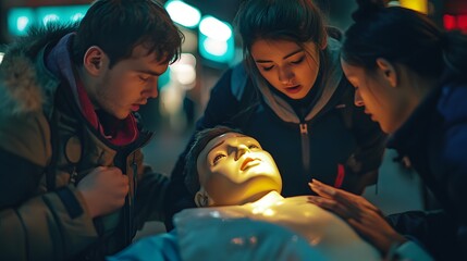 Attentive bystanders practice CPR training on a medical mannequin at night time