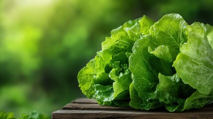 A beautiful bunch of green lettuce resting on a wooden board, highlighting the freshness and vibrancy of natural produce, representing health, vitality, and culinary delight.