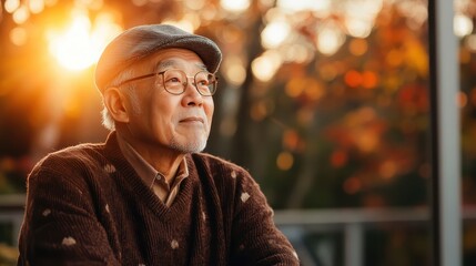 A contemplative elderly man gazes at the sunset, surrounded by vibrant autumn foliage, evoking a sense of nostalgia and tranquility in a serene outdoor setting.