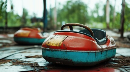 Once vibrant bumper cars lay in decay amid the overgrown surroundings of an abandoned amusement park, capturing the essence of neglect and lost joy in childhood memories.