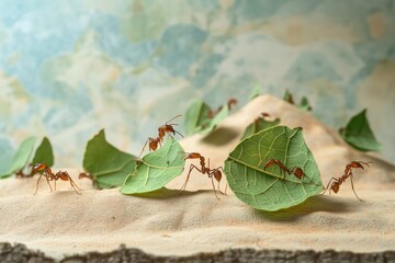 Leafcutter ants collaboratively transport a large leaf segment across a sandy terrain.