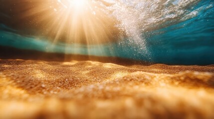 This serene underwater scene captures sunbeams filtering through water, illuminating the soft golden sand below, creating a tranquil and peaceful underwater atmosphere.