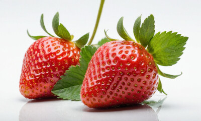 Two fresh strawberries sit on a white surface surrounded by green leaves
