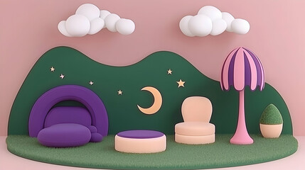 Nighttime whimsical scene, pastel furniture, moon, stars, hills, for children's book illustration