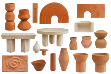 Assorted terracotta and light beige ceramic objects, including vases, bowls, planters, and tables.  Earthy tones and minimalist shapes