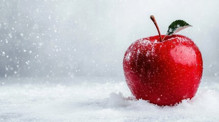 A vibrant red apple stands out against a snowy backdrop, symbolizing freshness and vitality in a serene winter landscape, perfect for food and seasonal themes.