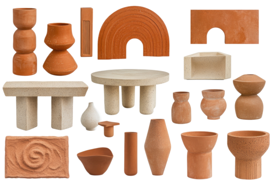Assorted terracotta and light beige ceramic objects, including vases, bowls, planters, and tables.  Earthy tones and minimalist shapes