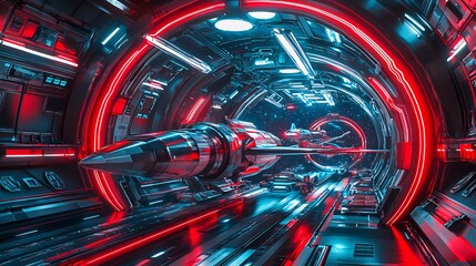 Futuristic spaceport spacecraft docking and departing neon lights reflecting off metallic surfaces cinematic space travel hub