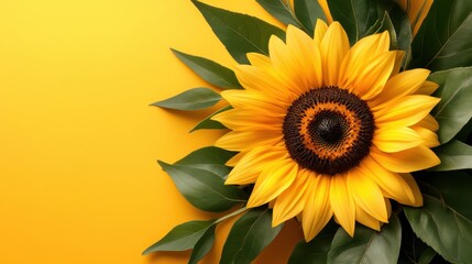 Obraz premium A stunning sunflower with vibrant yellow petals stands out against a bright yellow background, symbolizing happiness and summer's essence in nature's beauty and color.