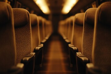 Empty train seats in a dimly lit carriage, creating a sense of solitude and journey.