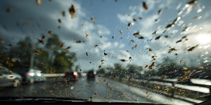 Close-up of Insect Splatter on Car Windshield During Rainy Drive
