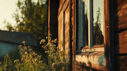 Old Wooden House with Window and Wildflowers in Evening Light