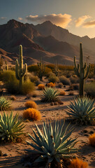 desert landscape at sunset with earthy and orange colors, cacti, dunes, and rocks. 