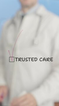 Medical professional in white lab coat and stethoscope carefully checking trusted care box on transparent board, symbolizing healthcare quality and reliability