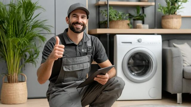 Bearded male technician in uniform and cap kneels in modern laundry room, holding tablet and gesturing approval after successful appliance repair