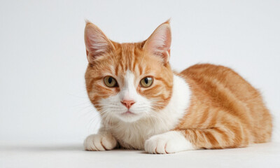 A domestic cat with orange and white fur lying on a white surface