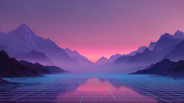 Synthwave landscape with pink sky and lake grid - Powered by Adobe