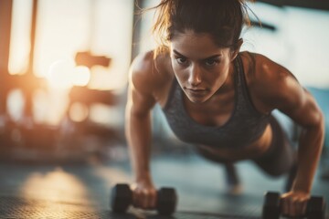 Fototapeta premium Determined woman in sportswear exercising with dumbbells at the gym during sunset, focusing on her fitness goals, strength training and well-being.