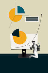 Art image vertical photo collage of happy businesswoman businessman jump arrow diagram development career freelancer pc monitor