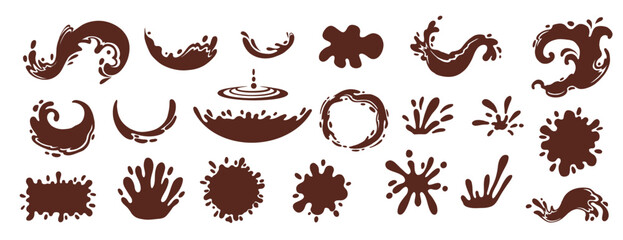 Cartoon coffee splash silhouettes. Liquid coffee or tea drops, flows and waves, brown liquid hot drink splashes flat vector illustration set. Coffee splash silhouettes on white background