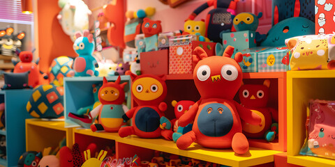 Naklejka premium Vibrant display of colorful plush toys in shop featuring whimsical designs including large red creature in front