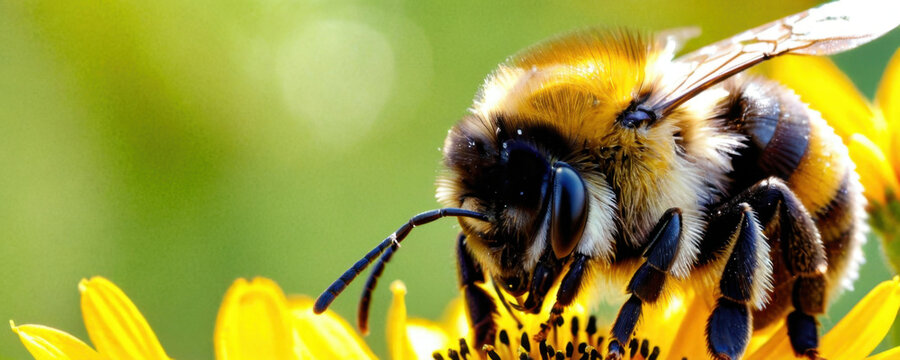 A close-up shot of a bee hovering around a bright yellow flower, highlighting the intricate details of both the insect and the blooms