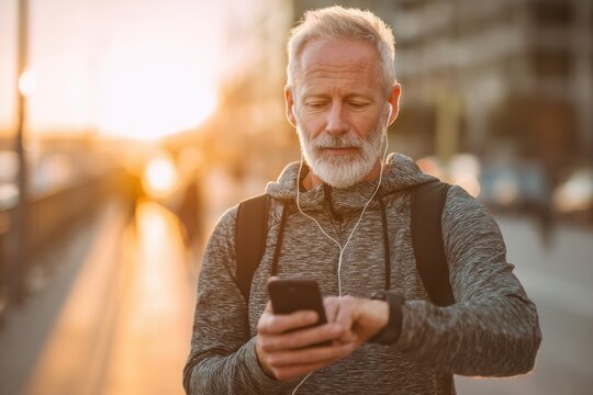 A senior man with a beard wearing a hoodie and using his smart phone outdoors during sunset while listening to music, checking fitness data.