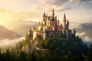 Fototapeta premium Majestic Fantasy Castle on a Mountain Surrounded by Forest at Sunrise 