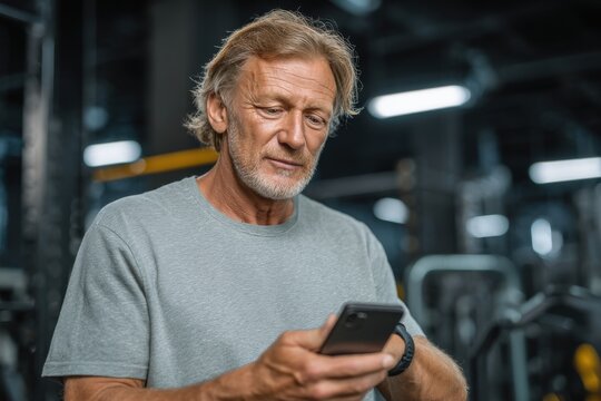 A handsome mature man using a smartphone in a gym, browsing the internet or social media after his workout routine, wearing a smartwatch and casual t-shirt. - Powered by Adobe