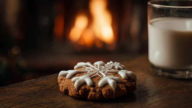 Snowflake-shaped gingerbread cookie with white icing sits beside a glass of milk on a rustic wooden surface, glowing warmly from the soft light of a fire in the background