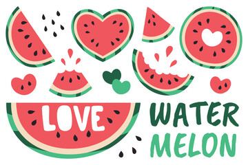 Set Watermelon Pieces, half, Heart. Collection different Types of slices - triangle, bitten, cut text Love. Juicy Splashes. Ripe summer fruit, vegan food. Simple bright flat style. Vector illustration