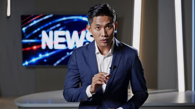 A news anchor in a suit delivers a report in a modern studio. The video is shot from a straight-on camera angle, highlighting the digital backdrop.