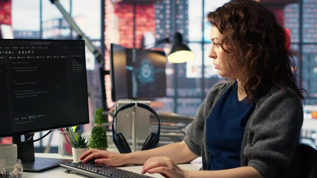 Admin writing code and doing maintenance on artificial intelligence neural networks computerized model. Woman tech support expert doing checkup on AI systems, data science. Camera B.