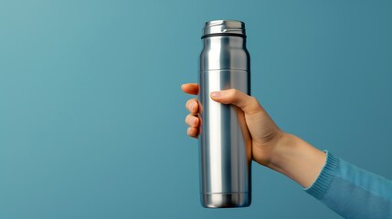thermos drinking bottle in hand on blue background,metal,drink