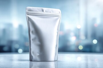 A modern white stand-up pouch mockup on a sleek surface, offering a clean and professional look for packaging design presentation and advertising materials.