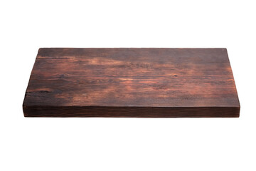 A rectangular dark brown wooden plank with visible grain, weathered surface, and natural imperfections, isolated on a white background