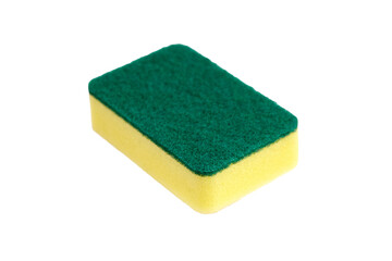 Household dishwashing sponge with a yellow foam base and green abrasive scrub layer, shown at an angle and isolated on a white background