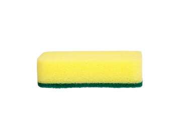 Yellow rectangular dish sponge with a green abrasive scrub layer, shown from the side against a white background for clear product presentation