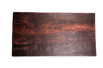 Overhead view of a rectangular rustic wooden cutting board featuring deep grain patterns, dark brown tones, and a naturally weathered surface