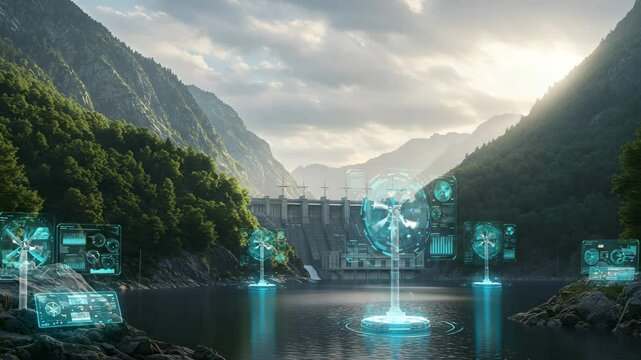 Peaceful mountain lake scene with futuristic energy elements