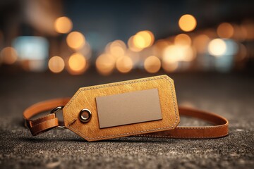 Close-up of a leather luggage tag with a blank label on a textured surface, city lights glowing softly in the blurry background providing a warm, inviting glow.