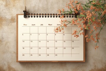 A minimalist calendar hanging on a neutral wall, adorned with delicate flowers, creating a serene and organized aesthetic for planning and time management.