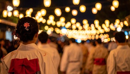 Obraz premium 提灯の光が揺れる夏祭りの夜、浴衣を着た人々の後ろ姿が幻想的に浮かぶ、優しいボケ味が印象的な風景