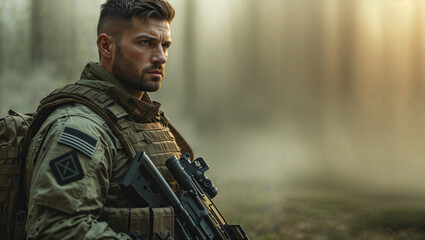 A focused soldier stands in a wooded area, armed and ready for action.