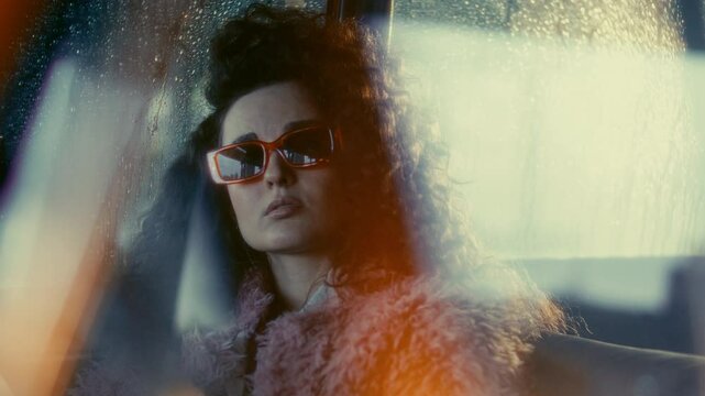 Young beautiful woman with curly hair, brunette, wearing stylish sunglasses and pink fur coat, sitting in car on rainy night and looking into camera. Video portrait