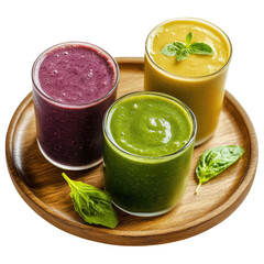 Three vibrant smoothies in glass tumblers, displayed on a wooden tray.  Fresh fruit and vegetable blends